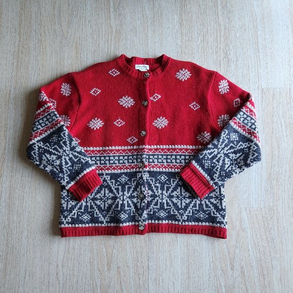 Vintage Eddie Bauer Wool Alpaca Fair Isle Nordic Cardigan Button Red Blue - Picture 2 of 8